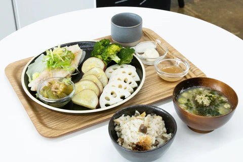 TGS Lunch - Akiko's Red Snapper with Tofu Mayonnaise, Okra Pickles, and Mushroom Rice - tortoise general store